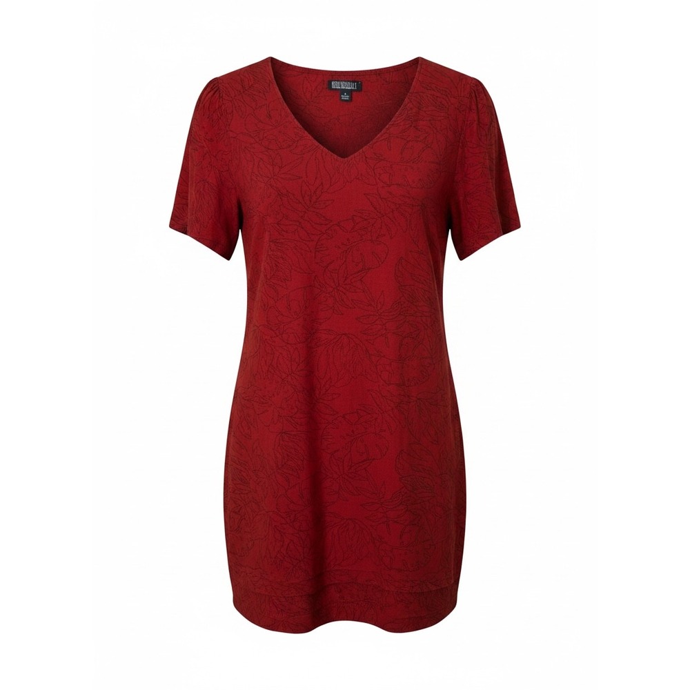 Original‎ Nicole Miller Red Linen Blend  Leaf Print V-Neck Shift Dress L